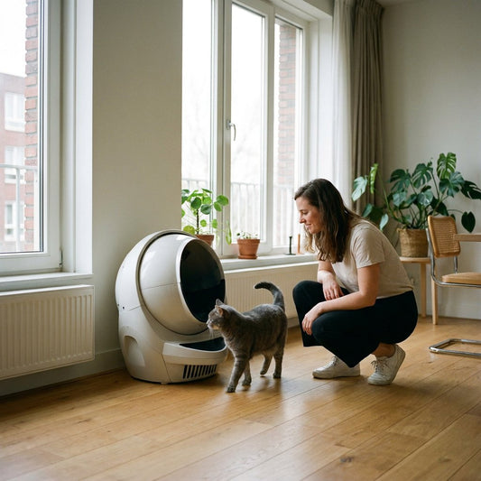 Een grijze kat onderzoekt rustig een moderne automatische kattenbak in een lichte woonkamer, terwijl een eigenaar aandachtig toeziet.