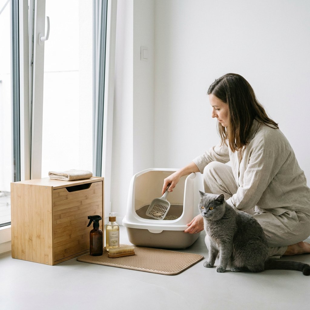 Katteneigenaar schept een schone kattenbak uit in een modern, licht Nederlands interieur terwijl een rustige kat dichtbij toekijkt.