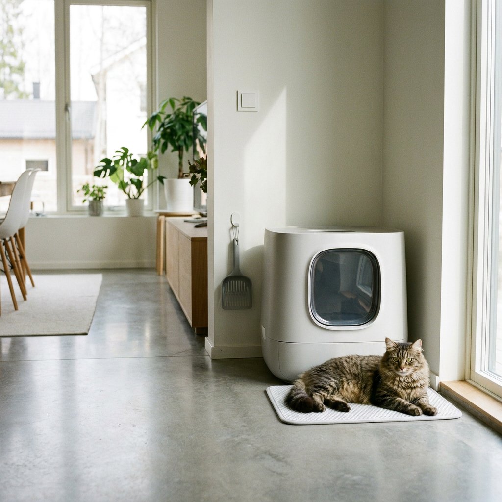 Moderne kattenbak in een lichte Nederlandse woning, met een rustige kat ernaast en een schone vloer die frisheid en goede geurcontrole uitstraalt.